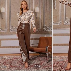 High Waist Plicated Detail PU Leather Wide Leg Pants